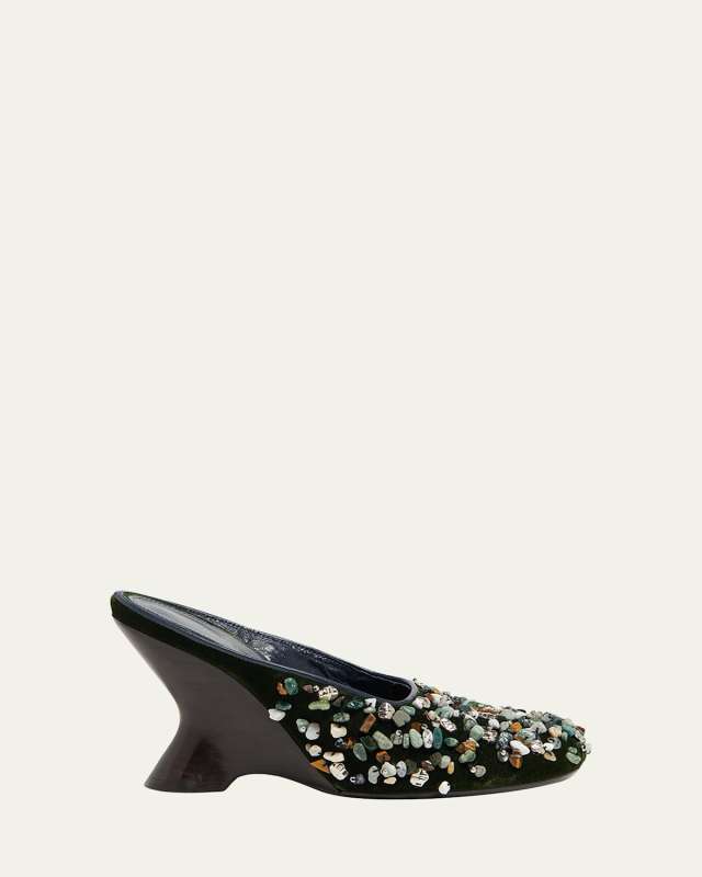 Gemstone Embellished Velvet Wedge Mules